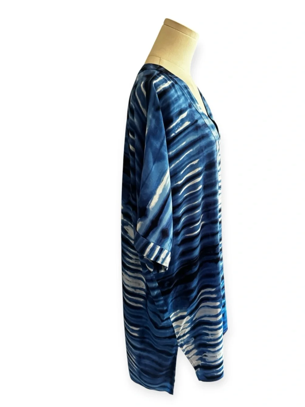 NATORI Blue White Tie-Dye V-Neck Swim Coverup Mini Dress Resort L Pool Beach